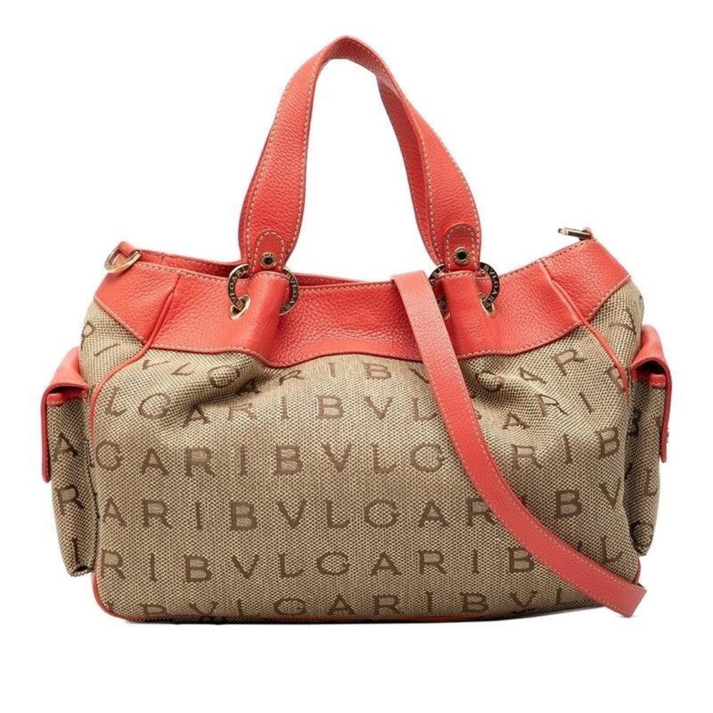Bvlgari Canvas Leather Logomania Handbag Beige